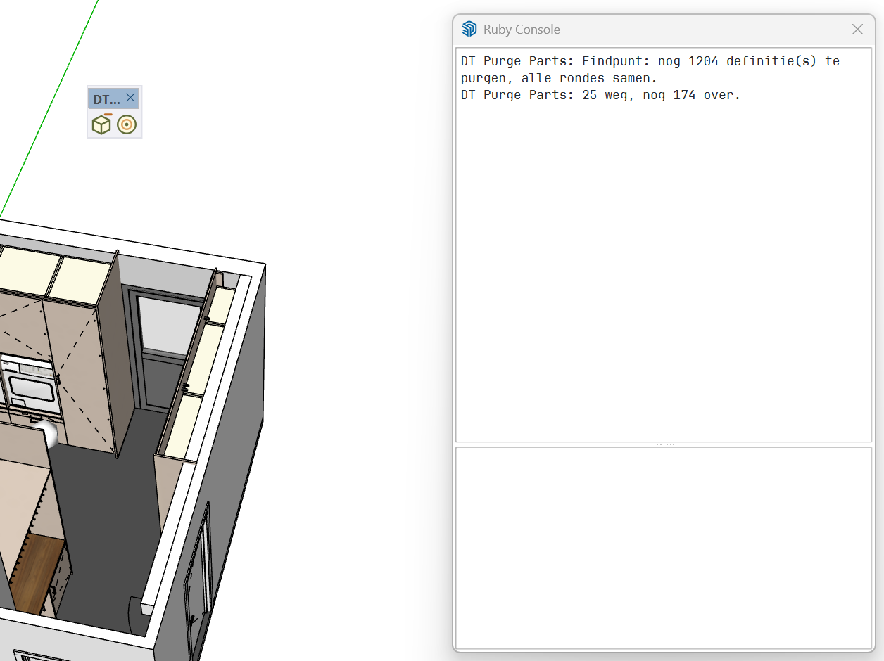 DT Purge Parts in SketchUp: de werkbalk met twee knoppen en de Ruby Console met het eerste pakketje, 25 weg, nog 174 over